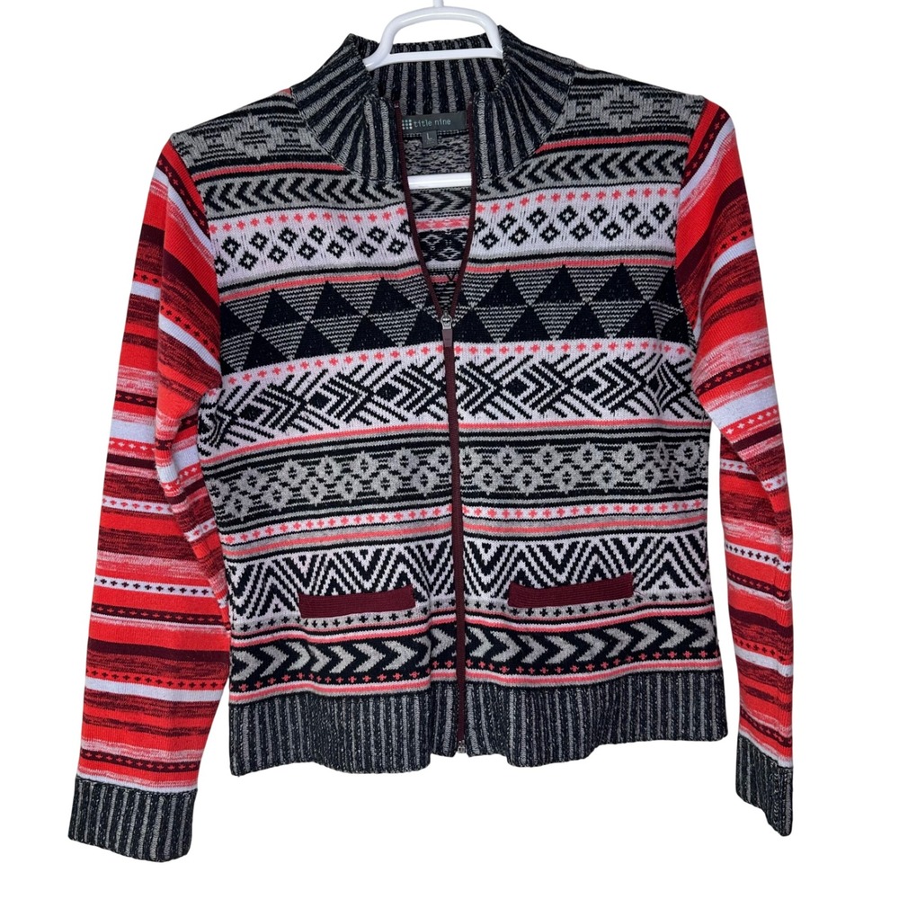 Title Nine Red, Black & White Zip-Up Fair Isle wool blend Cardigan
